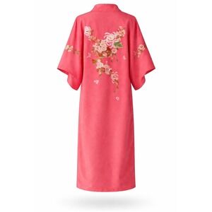 Vintage Pink Japanese Kimono Robe Floral Embroidered Long Loungewear Japan Made